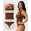 image:imageMANGOPOP Womens Asymmetrical One Shoulder Thong Bodysuits Mesh Ruched Backless Body Suit Sexy Going Out TopsBrown