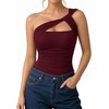image:imageMANGOPOP Womens Asymmetrical One Shoulder Thong Bodysuits Mesh Ruched Backless Body Suit Sexy Going Out TopsBurgundy