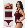image:imageMANGOPOP Womens Asymmetrical One Shoulder Thong Bodysuits Mesh Ruched Backless Body Suit Sexy Going Out TopsBurgundy