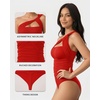 image:imageMANGOPOP Womens Asymmetrical One Shoulder Thong Bodysuits Mesh Ruched Backless Body Suit Sexy Going Out TopsRed