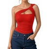 image:imageMANGOPOP Womens Asymmetrical One Shoulder Thong Bodysuits Mesh Ruched Backless Body Suit Sexy Going Out TopsRed