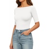 image:imageMANGOPOP Womens Half Sleeve Boat Neck Bodysuit 34 Sleeve Body Suit Fitted Going Out Tops 202602white