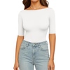 image:imageMANGOPOP Womens Half Sleeve Boat Neck Bodysuit 34 Sleeve Body Suit Fitted Going Out Tops 202602white