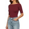 image:imageMANGOPOP Womens Half Sleeve Boat Neck Bodysuit 34 Sleeve Body Suit Fitted Going Out Tops 2026Burgundy