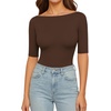 image:imageMANGOPOP Womens Half Sleeve Boat Neck Bodysuit 34 Sleeve Body Suit Fitted Going Out Tops 2026Coffee
