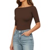 image:imageMANGOPOP Womens Half Sleeve Boat Neck Bodysuit 34 Sleeve Body Suit Fitted Going Out Tops 2026Coffee