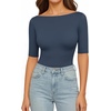 image:imageMANGOPOP Womens Half Sleeve Boat Neck Bodysuit 34 Sleeve Body Suit Fitted Going Out Tops 2026Deep Blue