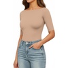 image:imageMANGOPOP Womens Half Sleeve Boat Neck Bodysuit 34 Sleeve Body Suit Fitted Going Out Tops 2026Mocha