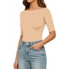 image:imageMANGOPOP Womens Half Sleeve Boat Neck Bodysuit 34 Sleeve Body Suit Fitted Going Out Tops 2026Nude