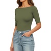 image:imageMANGOPOP Womens Half Sleeve Boat Neck Bodysuit 34 Sleeve Body Suit Fitted Going Out Tops 2026Olive Green