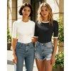image:imageMANGOPOP Womens Half Sleeve Crew Neck Bodysuit 34 Sleeve Body Suit Slim Fit Going Out Tops03 Contrast Black