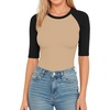 image:imageMANGOPOP Womens Half Sleeve Crew Neck Bodysuit 34 Sleeve Body Suit Slim Fit Going Out Tops04 Blackapricot Raglan