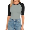 image:imageMANGOPOP Womens Half Sleeve Crew Neck Bodysuit 34 Sleeve Body Suit Slim Fit Going Out Tops04 Blackblue Raglan