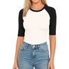 image:imageMANGOPOP Womens Half Sleeve Crew Neck Bodysuit 34 Sleeve Body Suit Slim Fit Going Out Tops04 Blackwhite Raglan