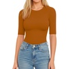 image:imageMANGOPOP Womens Half Sleeve Crew Neck Bodysuit 34 Sleeve Body Suit Slim Fit Going Out TopsCamel