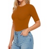 image:imageMANGOPOP Womens Half Sleeve Crew Neck Bodysuit 34 Sleeve Body Suit Slim Fit Going Out TopsCamel