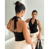image:imageMANGOPOP Womens Halter Cowl Neck Backless Bodysuit Sexy Sleeveless Double Lined Open Back Body Suits Going Out Tops 202601 Black