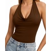image:imageMANGOPOP Womens Halter Cowl Neck Backless Bodysuit Sexy Sleeveless Double Lined Open Back Body Suits Going Out Tops 2026Coffee