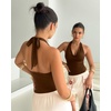 image:imageMANGOPOP Womens Halter Cowl Neck Backless Bodysuit Sexy Sleeveless Double Lined Open Back Body Suits Going Out Tops 2026Coffee