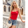 image:imageMANGOPOP Womens Halter Spaghetti Strap Tank Top Bodysuit Double Lined Thong Body Suits Going Out Cami TopsRed
