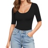 image:imageMANGOPOP Womens Scoop Neck Half Sleeve Bodysuit 34 Sleeve Sexy Body Suit Slim Fitted Going Out Shirts Tops01 Black