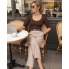 image:imageMANGOPOP Womens Scoop Neck Half Sleeve Bodysuit 34 Sleeve Sexy Body Suit Slim Fitted Going Out Shirts TopsCoffee