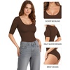 image:imageMANGOPOP Womens Scoop Neck Half Sleeve Bodysuit 34 Sleeve Sexy Body Suit Slim Fitted Going Out Shirts TopsCoffee
