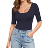 image:imageMANGOPOP Womens Scoop Neck Half Sleeve Bodysuit 34 Sleeve Sexy Body Suit Slim Fitted Going Out Shirts TopsDeep Blue
