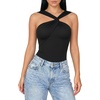 image:imageMANGOPOP Womens Sleeveless Twist Knot Asymmetrical Bodysuit Double Lined Sexy Thong Body Suit Top 202601 Black