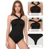 image:imageMANGOPOP Womens Sleeveless Twist Knot Asymmetrical Bodysuit Double Lined Sexy Thong Body Suit Top 202601 Black