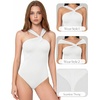 image:imageMANGOPOP Womens Sleeveless Twist Knot Asymmetrical Bodysuit Double Lined Sexy Thong Body Suit Top 202602 White