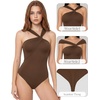 image:imageMANGOPOP Womens Sleeveless Twist Knot Asymmetrical Bodysuit Double Lined Sexy Thong Body Suit Top 2026Coffee