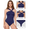 image:imageMANGOPOP Womens Sleeveless Twist Knot Asymmetrical Bodysuit Double Lined Sexy Thong Body Suit Top 2026Deep Blue