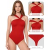 image:imageMANGOPOP Womens Sleeveless Twist Knot Asymmetrical Bodysuit Double Lined Sexy Thong Body Suit Top 2026Red