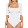 image:imageMANGOPOP WomenS Half Sleeve Bodysuit Square Neck 34 Sleeve Body Suits Dressy Fitted Going Out TopsA02 White