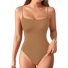 image:imageMANGOPOP Womens Cami Thong Bodysuit Double Lined Square Neck Backless Body Suit Adjustable Spaghetti Strap Tank TopsLight Coffee