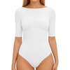 image:imageMANGOPOP Womens Half Sleeve Boat Neck Bodysuit 34 Sleeve Body Suit Fitted Going Out Tops 202602white