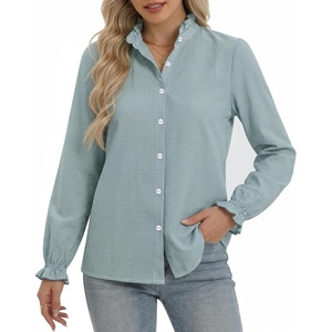 image:imageMANGOPOP Button Down Shirts for Women Long Sleeve Plaid Ruffle Neck Blouses Business Casual Shirt Tops 2026 Trendy OutfitBlue