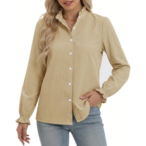 image:imageMANGOPOP Button Down Shirts for Women Long Sleeve Plaid Ruffle Neck Blouses Business Casual Shirt Tops 2026 Trendy OutfitKhaki