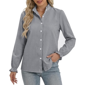 image:imageMANGOPOP Button Down Shirts for Women Long Sleeve Plaid Ruffle Neck Blouses Business Casual Shirt Tops 2026 Trendy OutfitNavy Blue