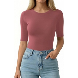 image:imageMANGOPOP Half Sleeve Tops for Women Crew Neck Slim Fitted Casual Going Out T Shirt Tops 2026 TrendyMarsala