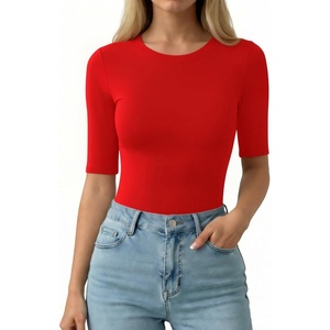 image:imageMANGOPOP Half Sleeve Tops for Women Crew Neck Slim Fitted Casual Going Out T Shirt Tops 2026 TrendyRed
