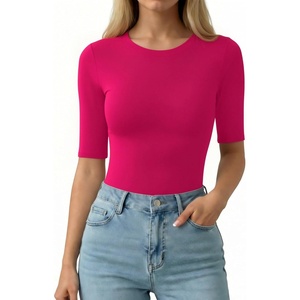 image:imageMANGOPOP Half Sleeve Tops for Women Crew Neck Slim Fitted Casual Going Out T Shirt Tops 2026 TrendyRose Pink
