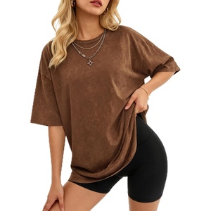 image:imageMANGOPOP Oversized Vintage Short Sleeve Shirts for Women Acid Wash Crew Neck Y2k Grunge Casual Summer Baggy Tees TopsCoffee