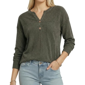 image:imageMANGOPOP Ribbed Henley Sweatshirt for Women Oversized Casual Long Sleeve Pullover Top with Decorative ButtonsArmy Green