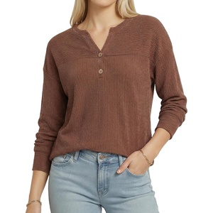 image:imageMANGOPOP Ribbed Henley Sweatshirt for Women Oversized Casual Long Sleeve Pullover Top with Decorative ButtonsCoffee