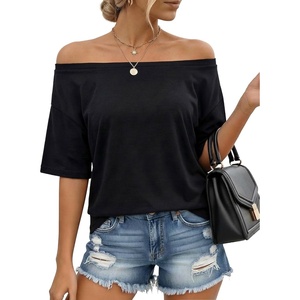 image:imageMANGOPOP Women Off The Shoulder Tops Oversized Tshirts 34 Sleeve tee Half Sleeve Going Out Shirt Loose Casual TrendyBlack