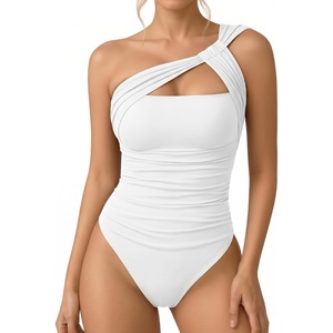 image:imageMANGOPOP Womens Asymmetrical One Shoulder Thong Bodysuits Mesh Ruched Backless Body Suit Sexy Going Out TopsA02 White