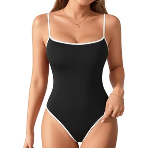 image:imageMANGOPOP Womens Cami Thong Bodysuit Double Lined Square Neck Backless Body Suit Adjustable Spaghetti Strap Tank Tops03 Blackwhite