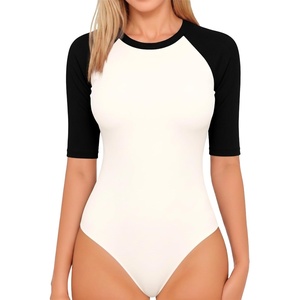 image:imageMANGOPOP Womens Half Sleeve Crew Neck Bodysuit 34 Sleeve Body Suit Slim Fit Going Out Tops04 Blackwhite Raglan